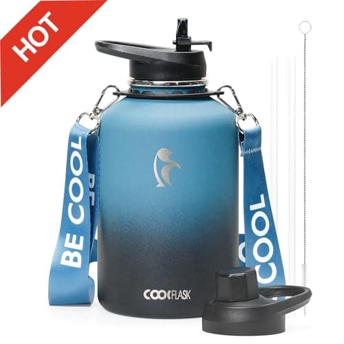 Coolflask 64oz Insulated Stainless Steel Water Bottle, Keep Cold 48h Hot 24h, Leak Proof — Blue