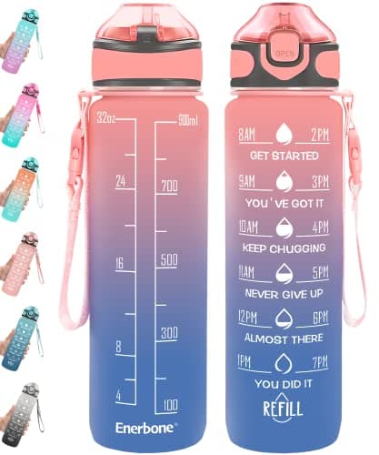 Enerbone 32 oz Motivational Drinking Water Bottle with Straw & Timer, Fitness Gym Outdoor — Pink-Blue