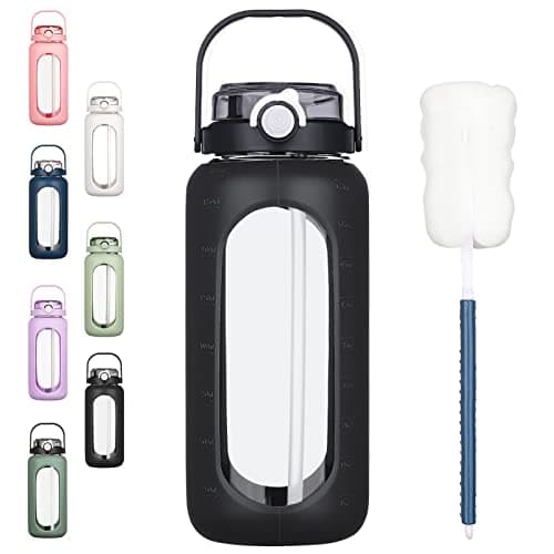 BLUEGO 64oz Large Glass Water Bottle with Straw & Time Marker, White — Black