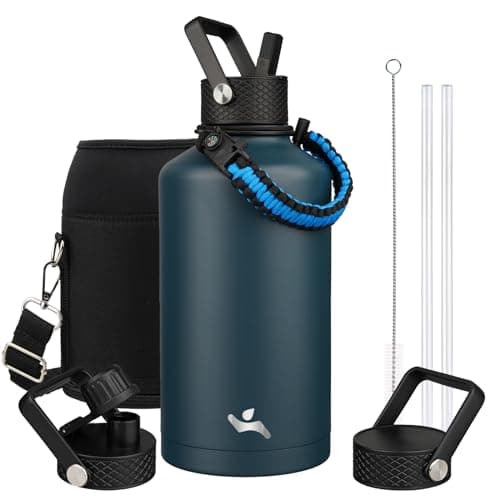 Gray Double Wall Insulated Water Bottle, 128 oz, 3 Lids, Paracord Handle, Carrying Bag — Navy Blue