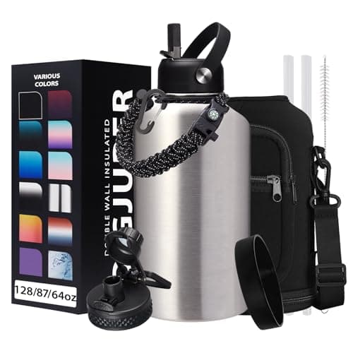 1 Gallon Stainless Steel Insulated Water Bottle with Strap & Sleeve, Straw Lid & Boot Protection — Brushed Stainless Steel