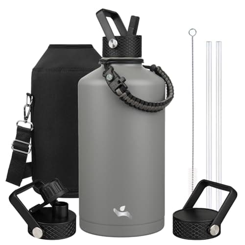 Gray Double Wall Insulated Water Bottle, 128 oz, 3 Lids, Paracord Handle, Carrying Bag