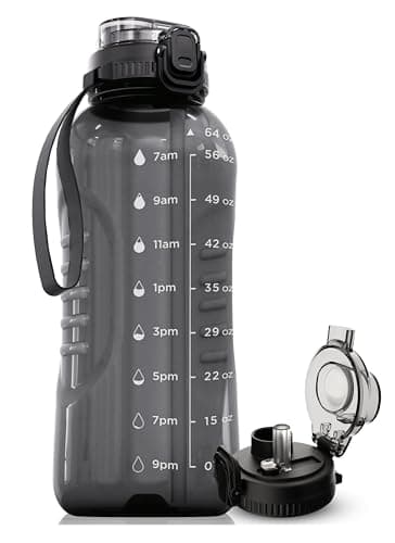 AQUAFIT 64 oz BPA-Free Water Bottle with Time Markers & Dual Lid - Gym-Friendly Water Jug with Strap (Gray)