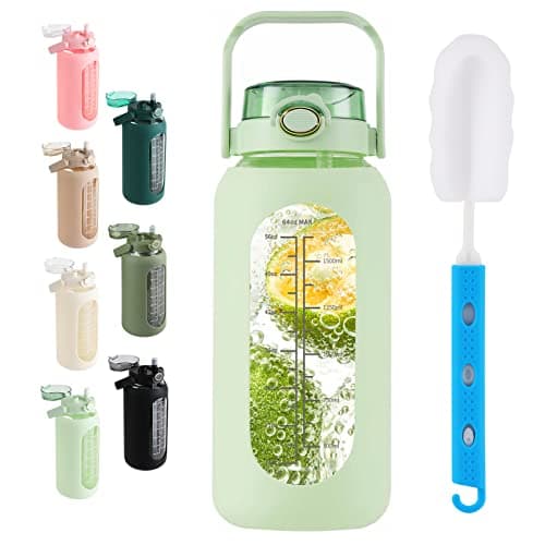 Sierozur 64oz Glass Water Bottle with Straw Lid & Handle Motivational Sleeve Workout Jug — Light green