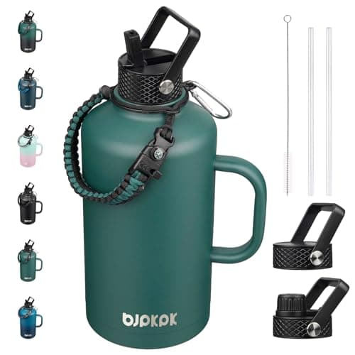 BJPKPK Insulated Water Bottles, Half Gallon, Straw Lid, 64oz, 128oz, Paracord Handle, Stainless Steel — Army Green