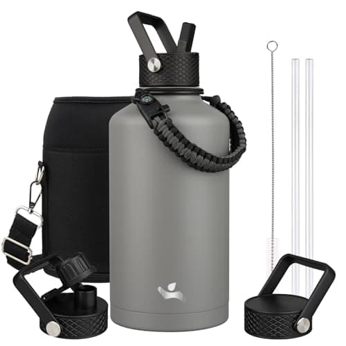 Gray Double Wall Insulated Water Bottle, 128 oz, 3 Lids, Paracord Handle, Carrying Bag — Gray