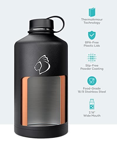 Buzio 1 Gallon Stainless Steel Water Jug, Black Keep Cold 48H & Hot 24H