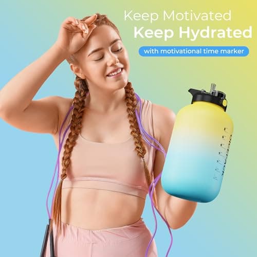 128oz BPA Free Water Bottle with Straw & Time Marker (Yellow/Blue)
