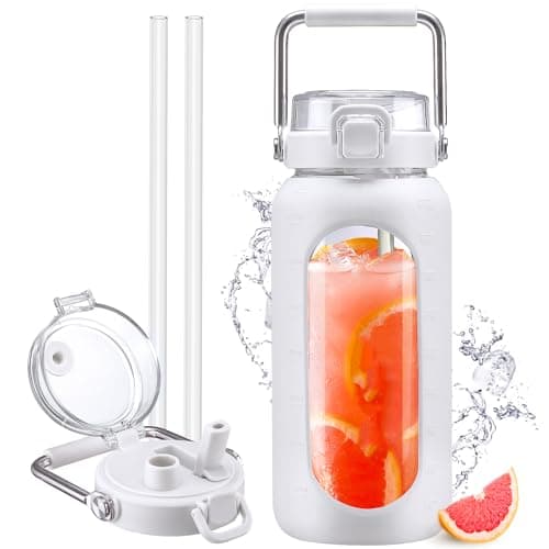 Motivational 64oz Glass Water Bottle with Straw and Stainless Handle — White
