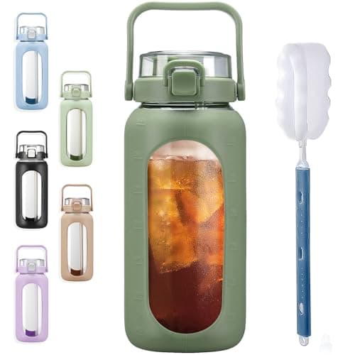 BLUEGO 64oz Large Glass Water Bottle with Straw & Time Marker, White — 02 Olive