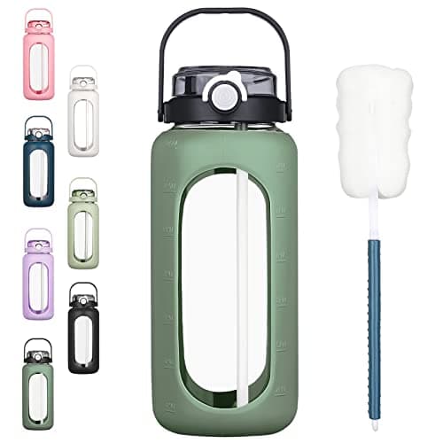 BLUEGO 64oz Large Glass Water Bottle with Straw & Time Marker, White — Olive
