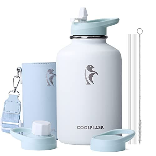Coolflask 128 oz Insulated Water Bottle with PU Sleeve, Polar Black, Color Contrast Straw Lid — white blue