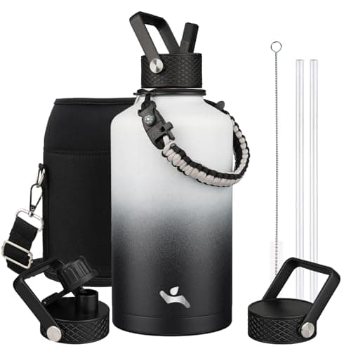Gray Double Wall Insulated Water Bottle, 128 oz, 3 Lids, Paracord Handle, Carrying Bag — Day Night