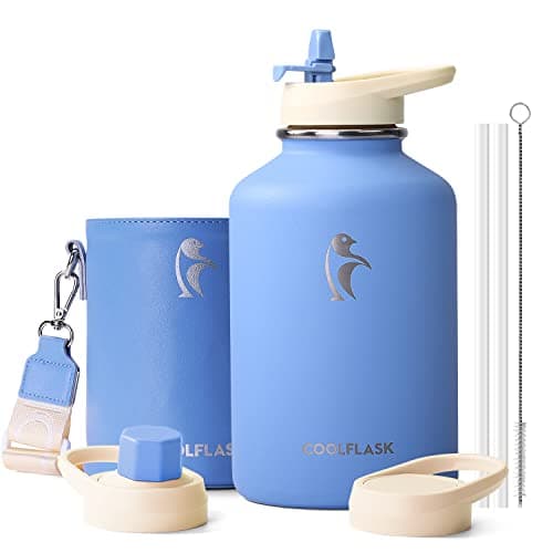 Coolflask 128 oz Insulated Water Bottle with PU Sleeve, Polar Black, Color Contrast Straw Lid — Sky Blue