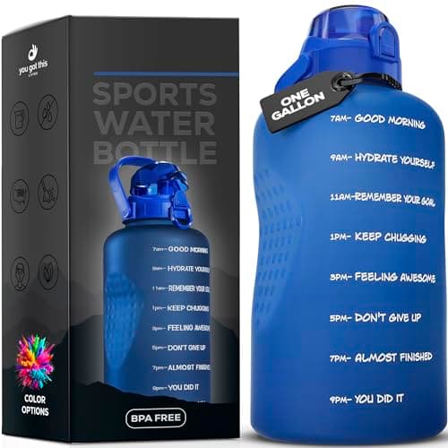 Motivational Straw Water Bottle, 1 Gallon Reusable Jug, Spill-Proof BPA Free — Blue