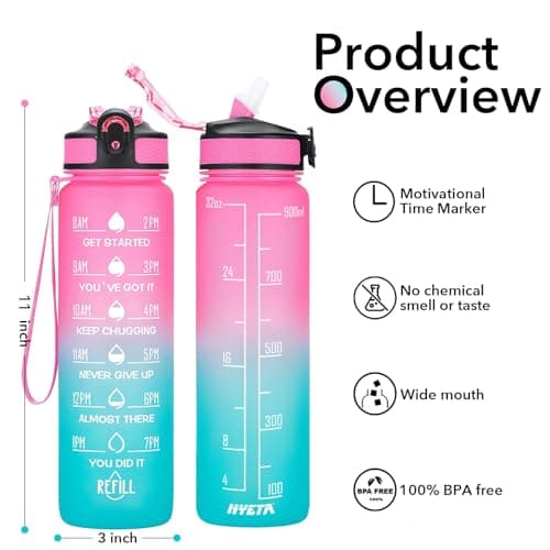 Hyeta 32 oz Motivational Water Bottle with Time Marker, Leakproof Fitness Bottle