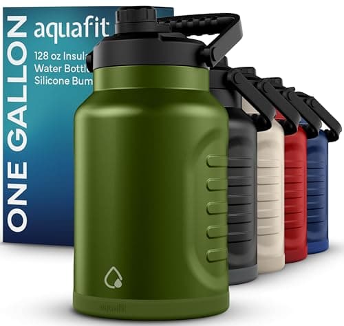 AQUAFIT 1 Gallon Insulated Water Bottle - BPA Free & Leak Proof - 128oz Stainless Steel Jug for Gym, Hiking, Camping & Travel (Military Green)  
AQUAFIT 1 Gallon Insulated Water Bottle (Cold for 48 Hrs) - 128oz Stainless Steel Jug for Gym, Hiking, Ca