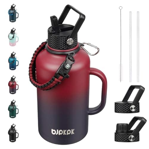 BJPKPK Insulated Water Bottles, Half Gallon, Straw Lid, 64oz, 128oz, Paracord Handle, Stainless Steel — Charming Black Red