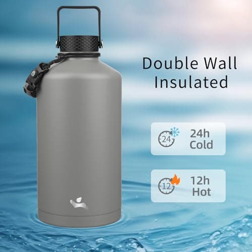 Gray Double Wall Insulated Water Bottle, 128 oz, 3 Lids, Paracord Handle, Carrying Bag