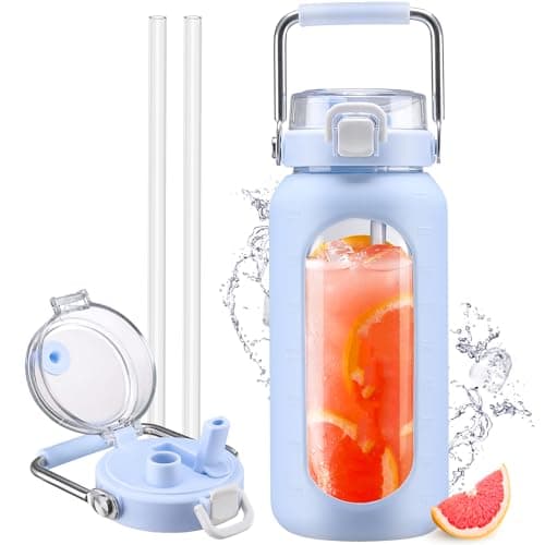Motivational 64oz Glass Water Bottle with Straw and Stainless Handle — Light Blue