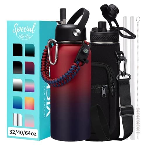 Thermo Mug Water Bottle with Straw & Auto Spout, Paracord Handle & Strap Carrier — Ruby Purple