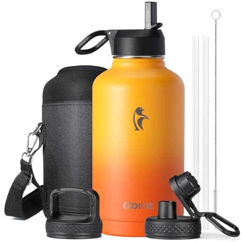 Coolflask Insulated Water Bottle, 64 oz Wide Mouth, Straw & 3 Lids, Keeps Cold 48H, Hot 24H, Samurai Cyan — Ombre Yellow/Orange