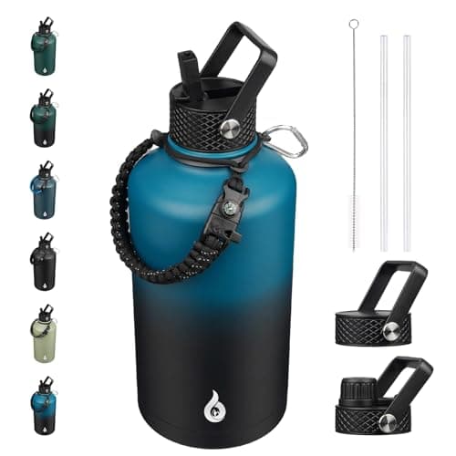 BJPKPK Insulated Water Bottles, Half Gallon, Straw Lid, 64oz, 128oz, Paracord Handle, Stainless Steel — Blue & Black