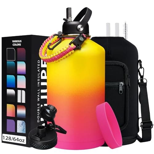 1 Gallon Stainless Steel Insulated Water Bottle with Strap & Sleeve, Straw Lid & Boot Protection — Yellow Rose-red Gradient