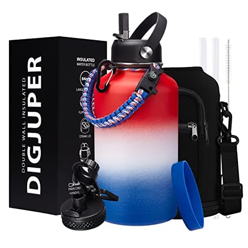 1 Gallon Stainless Steel Insulated Water Bottle with Strap & Sleeve, Straw Lid & Boot Protection — Blue White Dull-red Gradient