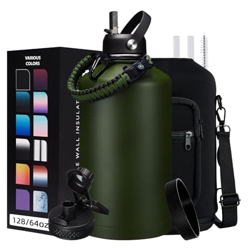 1 Gallon Stainless Steel Insulated Water Bottle with Strap & Sleeve, Straw Lid & Boot Protection — Army Green