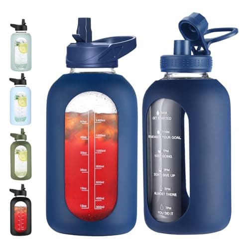Half Gallon Glass Water Bottle with Straw and Handle, Black — .Navy Blue