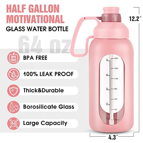 Aqulea Glass Water Bottle - 64 Oz, Straw, Pregnancy Tracker, Leakproof Gym Bottle with Sleeve