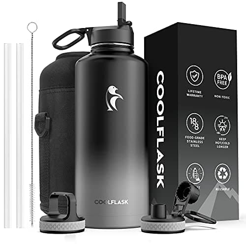 Coolflask Insulated Water Bottle, 64 oz Wide Mouth, Straw & 3 Lids, Keeps Cold 48H, Hot 24H, Samurai Cyan — Piano Night