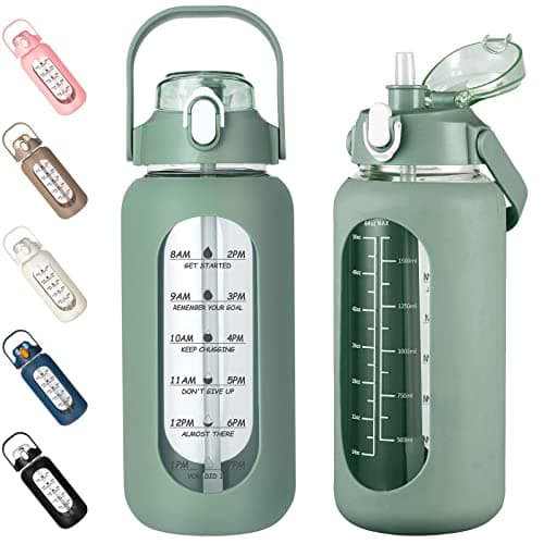 Motivational 64oz Glass Water Bottle with Straw, Silicone Sleeve & Time Marker, Leakproof White Jug for Gym, Home, Offic — Olive