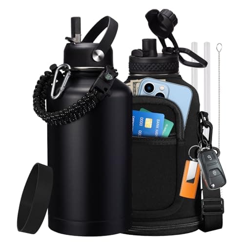Thermo Mug Water Bottle with Straw & Auto Spout, Paracord Handle & Strap Carrier