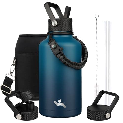 Gray Double Wall Insulated Water Bottle, 128 oz, 3 Lids, Paracord Handle, Carrying Bag — Indigo Black