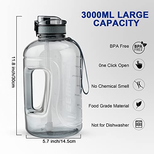 GEMFUL 3 Liter Straw Water Bottle with Time Marker