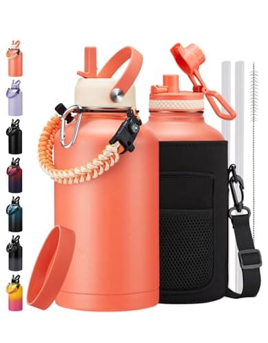 128 oz Insulated Stainless Steel Water Bottle, Keep Cold 48H, Leak-Proof Lid & Paracord Handle — Coral Orange