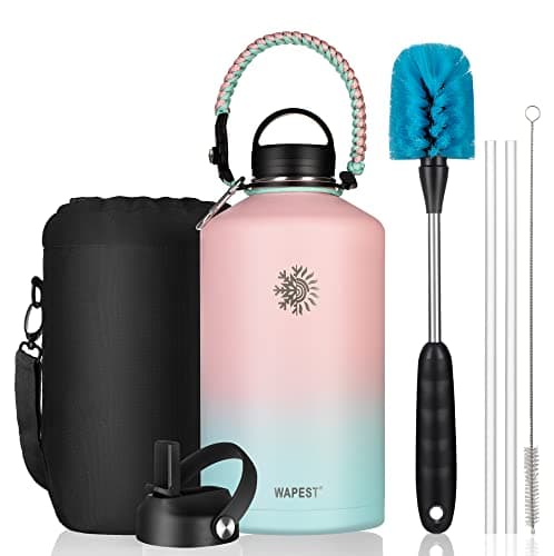Black & Grey 128 oz Double Wall Stainless Steel Water Bottle with Paracord Handle & Brush, Carrying Pouch & 2 Lids - Gre — Peach Pink&Blue