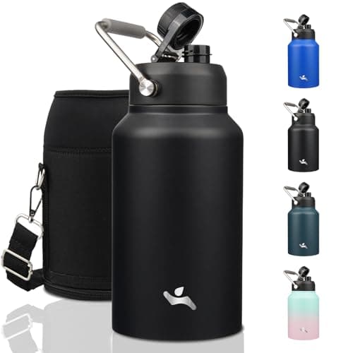 64 oz Insulated Double Wall Stainless Steel Water Bottle with Handle, Purple — Black