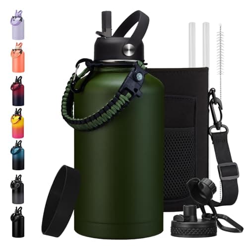 128oz Insulated Stainless Steel Water Bottle - Auto Chug Lid, Straw, Bag, Paracord Handle — Army Green