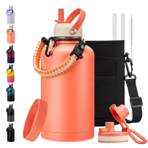 128oz Insulated Stainless Steel Water Bottle - Auto Chug Lid, Straw, Bag, Paracord Handle — Orange