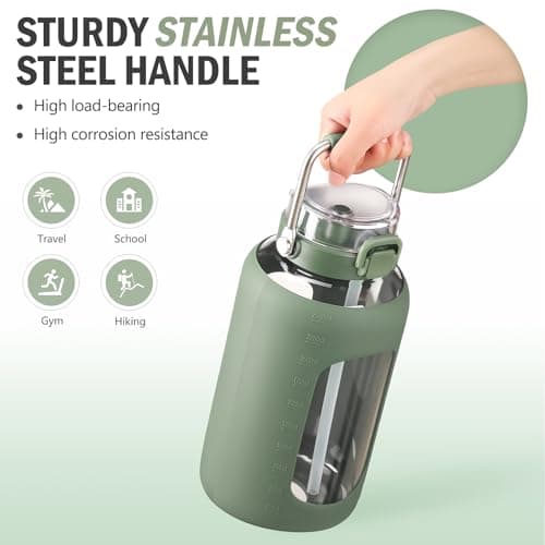 BLUEGO 84oz BPA Free Glass Water Bottle with Stainless Steel Handle and Silicone Sleeve