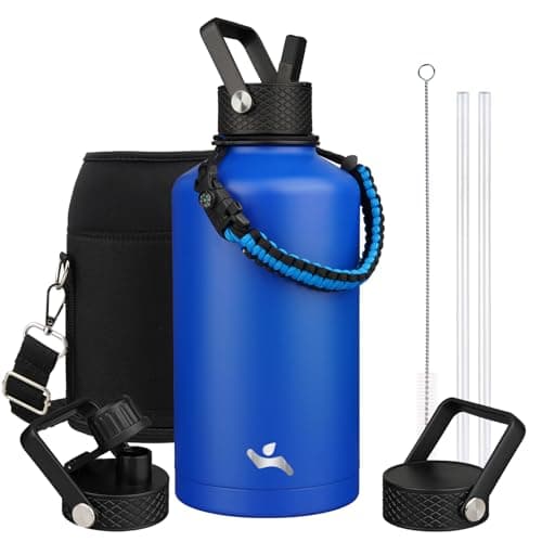 Gray Double Wall Insulated Water Bottle, 128 oz, 3 Lids, Paracord Handle, Carrying Bag — Blue