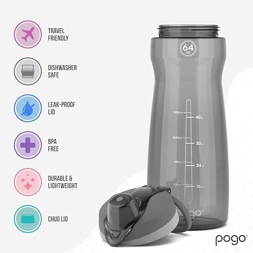 Pogo Plastic Water Bottle, Reusable & BPA Free, 18oz, 32oz, 40oz, 64oz | Chug Lid, Carry Handle