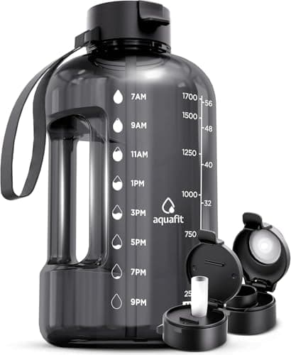 AQUAFIT 64 oz Water Bottle with Time Marker - Gym and Fitness Lovers - Easy Carry with Straw Lid, BPA Free and Half Gallon Capacity (Gray, 64 Ounces)  
AQUAFIT 64 oz Water Bottle with Time Marker - Perfect for Workouts - Large Capacity Straw Bottle w