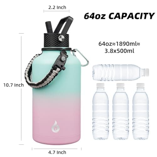 BJPKPK Insulated Water Bottles, Half Gallon, Straw Lid, 64oz, 128oz, Paracord Handle, Stainless Steel