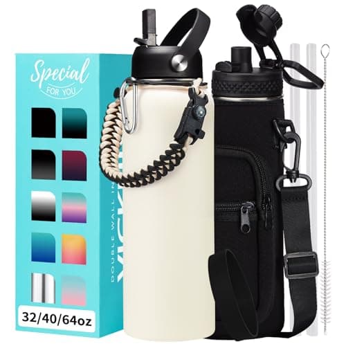 Thermo Mug Water Bottle with Straw & Auto Spout, Paracord Handle & Strap Carrier — Cream White