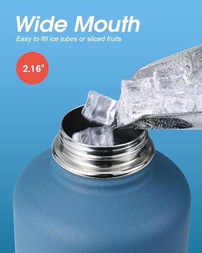Coolflask Insulated Water Bottle, 64 oz Wide Mouth, Straw & 3 Lids, Keeps Cold 48H, Hot 24H, Samurai Cyan