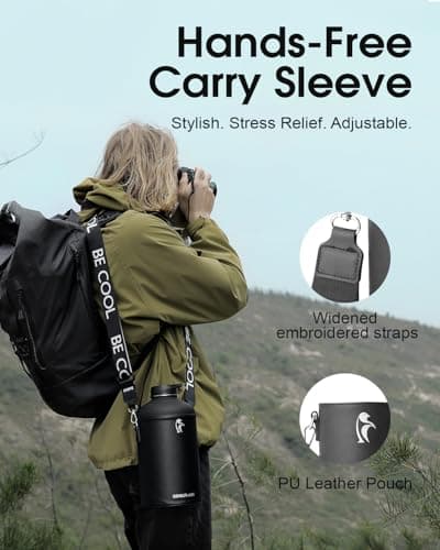 Coolflask 128 oz Insulated Water Bottle with PU Sleeve, Polar Black, Color Contrast Straw Lid